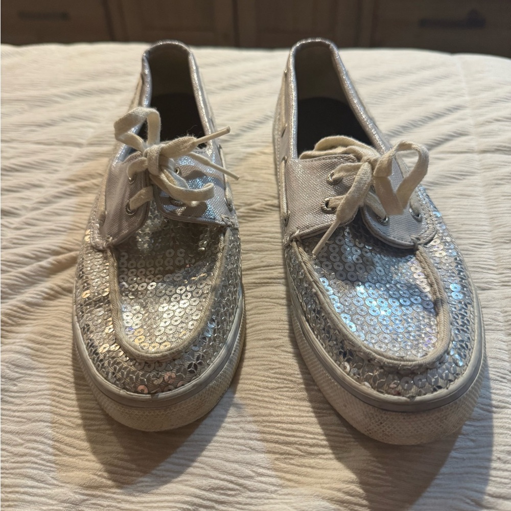 Women's Silver Sequin Sperry Boat Shoes - Picture 2 of 4